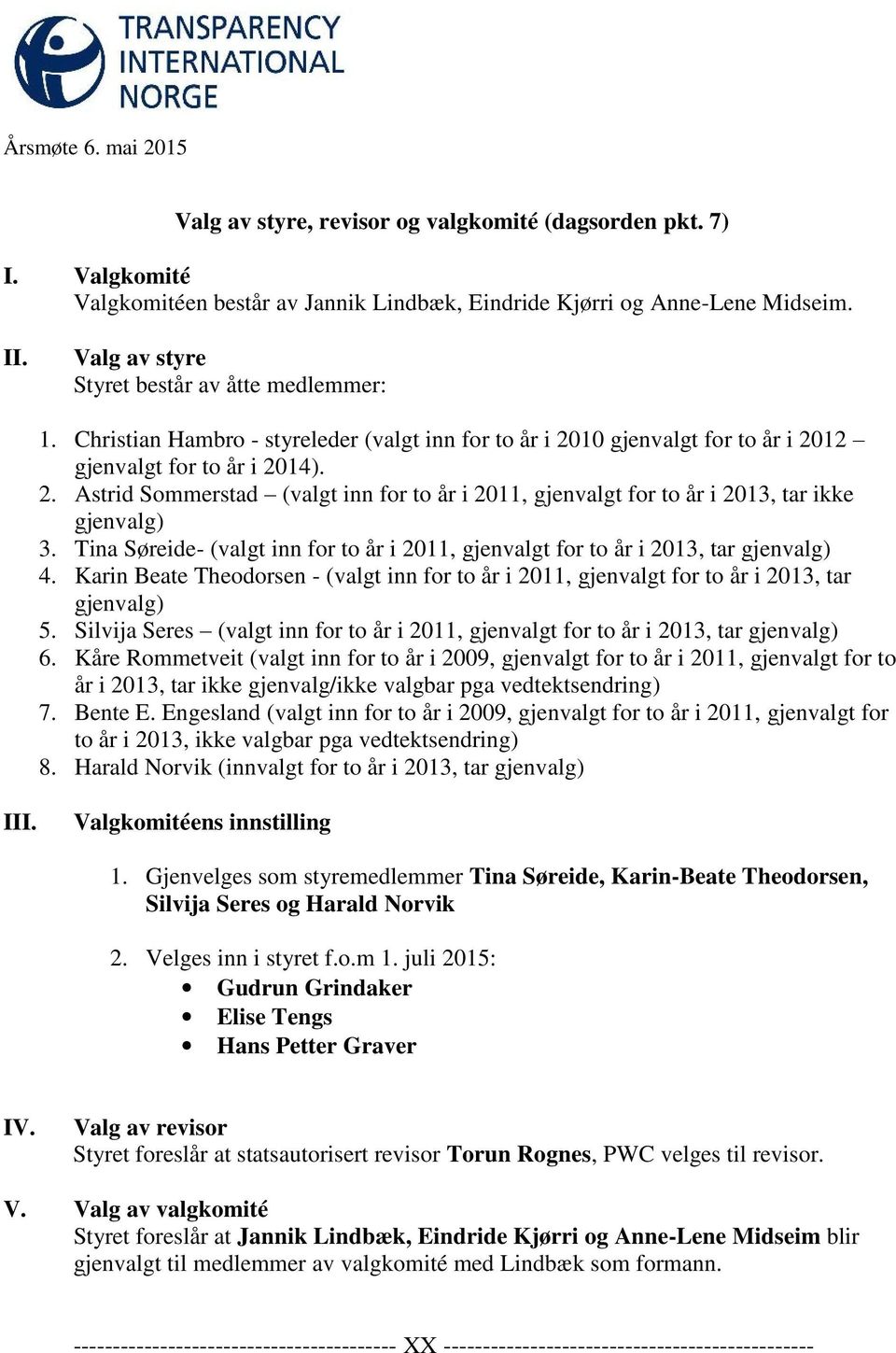 10 gjenvalgt for to år i 2012 gjenvalgt for to år i 2014). 2. Astrid Sommerstad (valgt inn for to år i 2011, gjenvalgt for to år i 2013, tar ikke gjenvalg) 3.