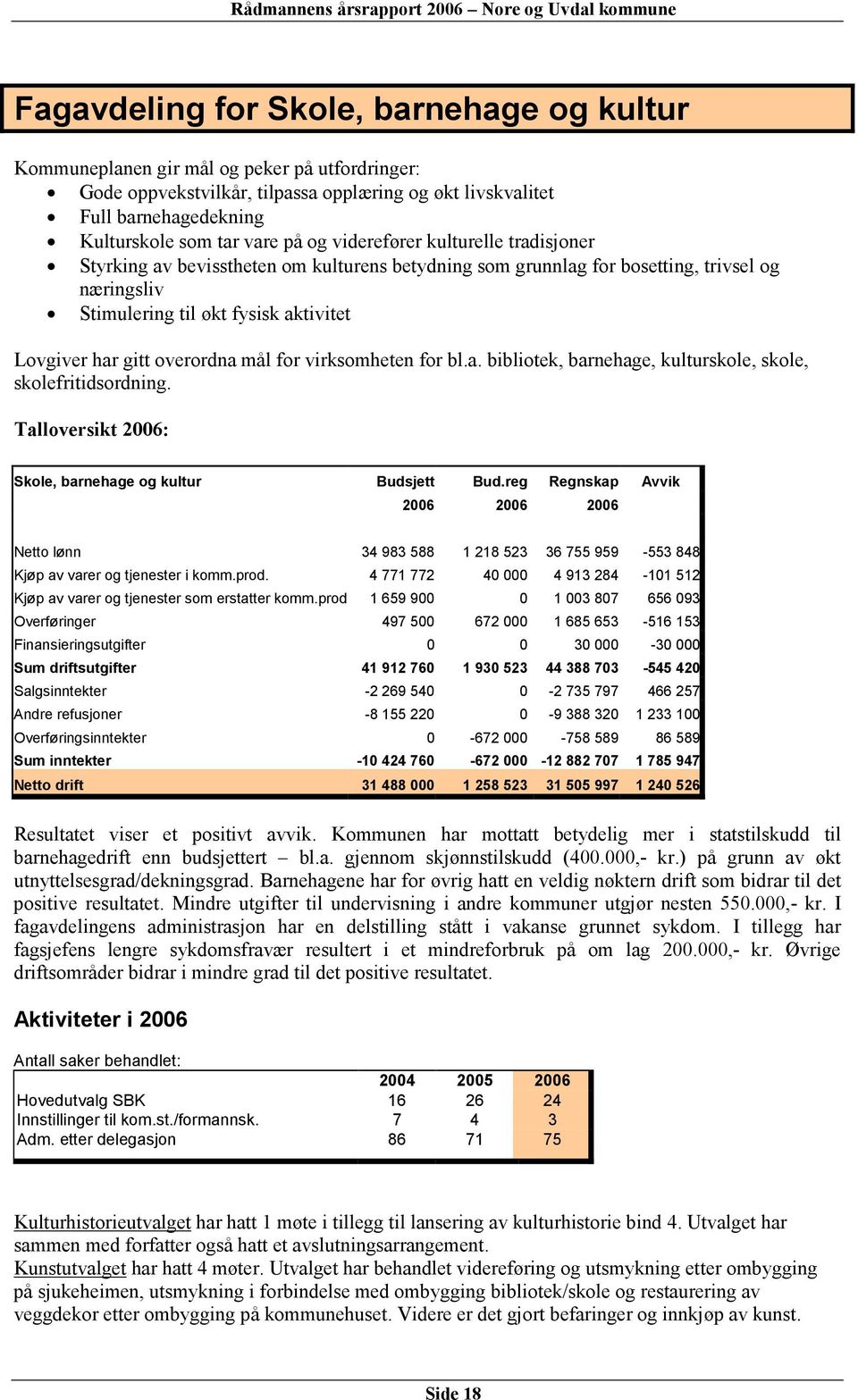 overordna mål for virksomheten for bl.a. bibliotek, barnehage, kulturskole, skole, skolefritidsordning. Talloversikt 2006: Skole, barnehage og kultur Budsjett Bud.