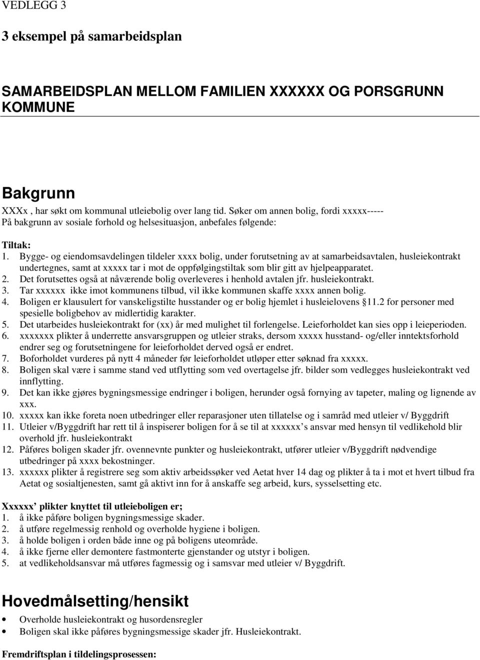 Bygge- og eiendomsavdelingen tildeler xxxx bolig, under forutsetning av at samarbeidsavtalen, husleiekontrakt undertegnes, samt at xxxxx tar i mot de oppfølgingstiltak som blir gitt av