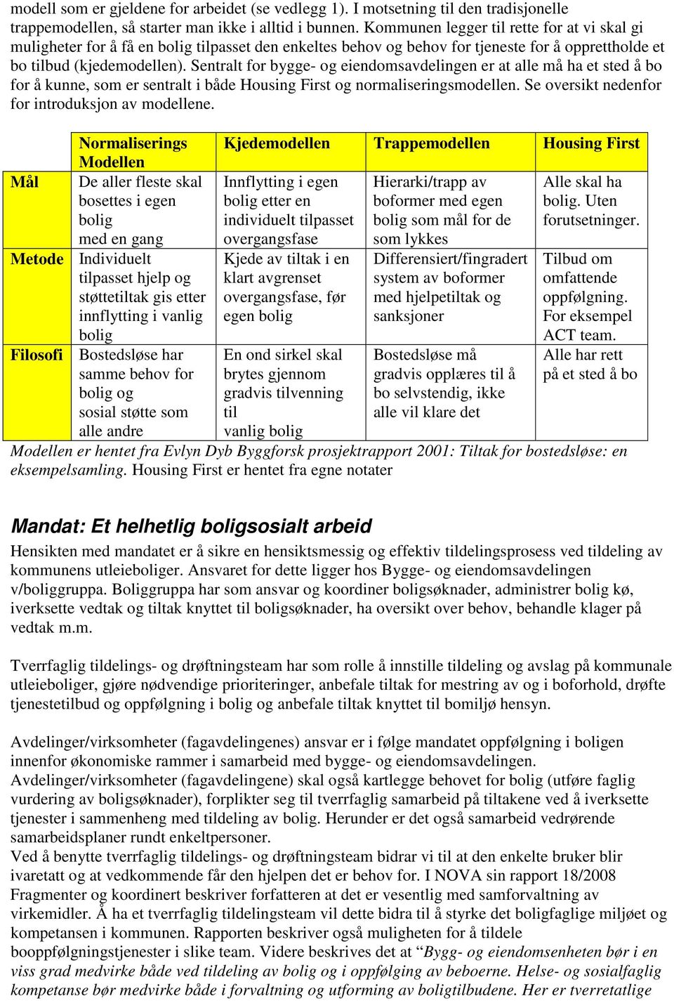 Sentralt for bygge- og eiendomsavdelingen er at alle må ha et sted å bo for å kunne, som er sentralt i både Housing First og normaliseringsmodellen. Se oversikt nedenfor for introduksjon av modellene.