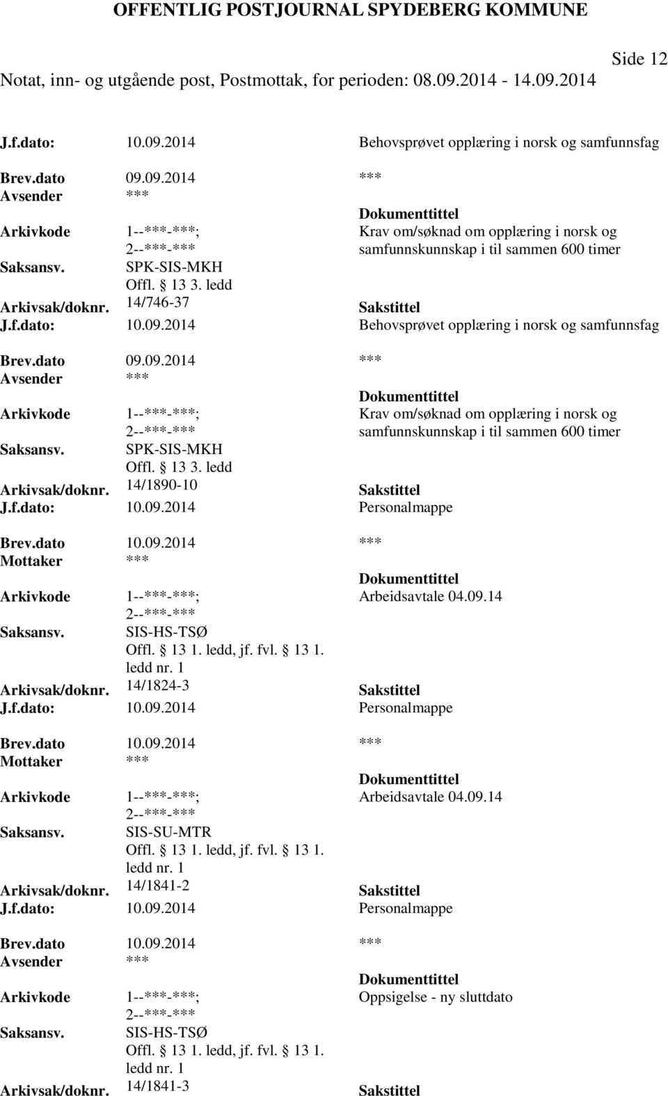 2014 Behovsprøvet opplæring i norsk og samfunnsfag SPK-SIS-MKH Offl. 13 3. ledd Arkivsak/doknr. 14/1890-10 Sakstittel J.f.dato: 10.09.