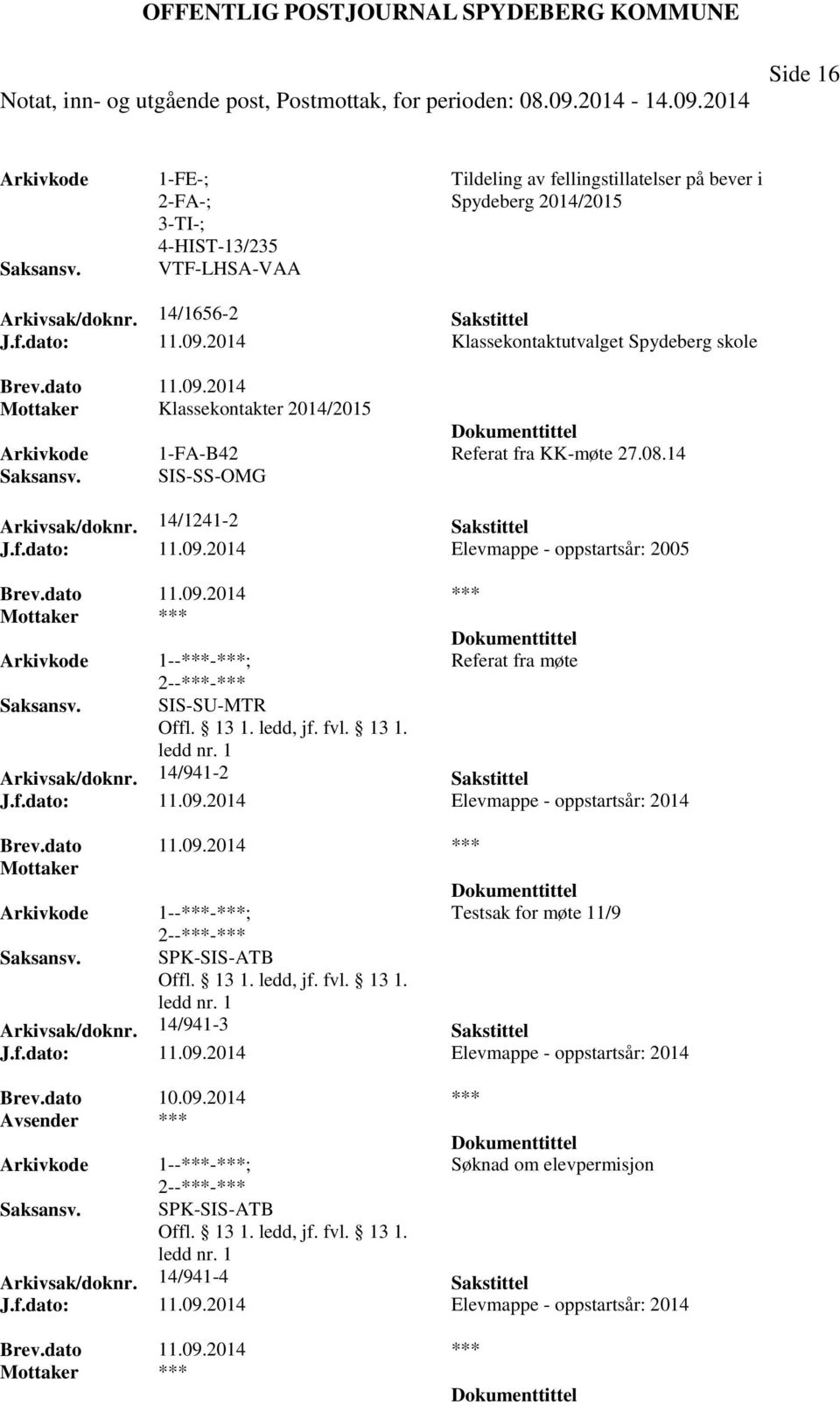 09.2014 Elevmappe - oppstartsår: 2005 Brev.dato 11.09.2014 *** Referat fra møte SIS-SU-MTR Arkivsak/doknr. 14/941-2 Sakstittel J.f.dato: 11.09.2014 Elevmappe - oppstartsår: 2014 Brev.dato 11.09.2014 *** Mottaker Testsak for møte 11/9 SPK-SIS-ATB Arkivsak/doknr.