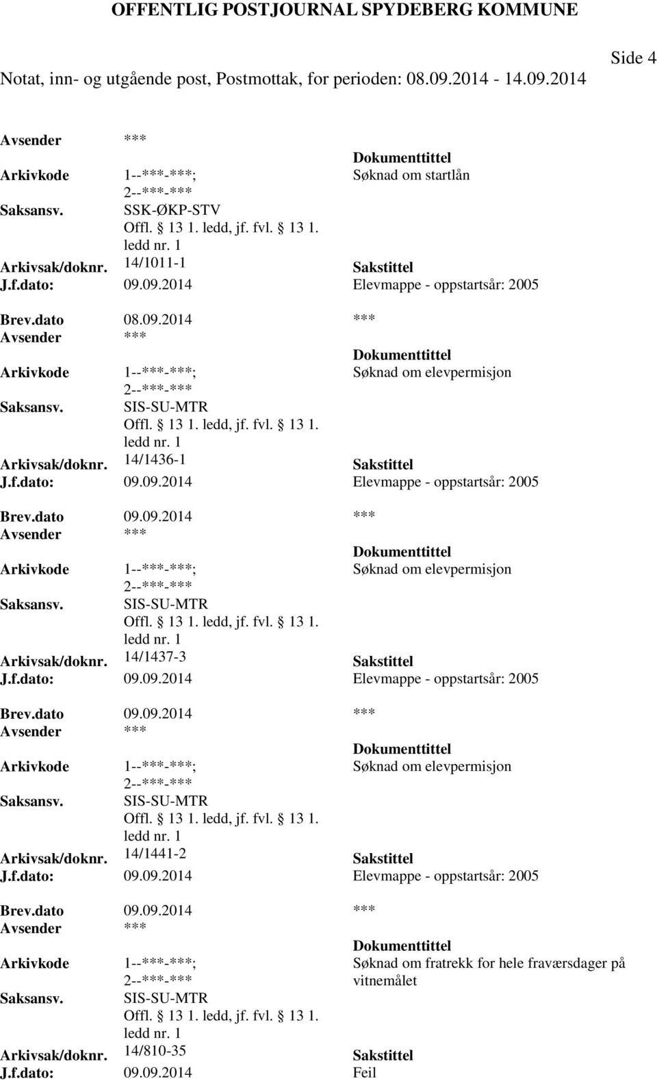 f.dato: 09.09.2014 Elevmappe - oppstartsår: 2005 SIS-SU-MTR Arkivsak/doknr. 14/810-35 Sakstittel J.f.dato: 09.09.2014 Feil Søknad om fratrekk for hele fraværsdager på vitnemålet