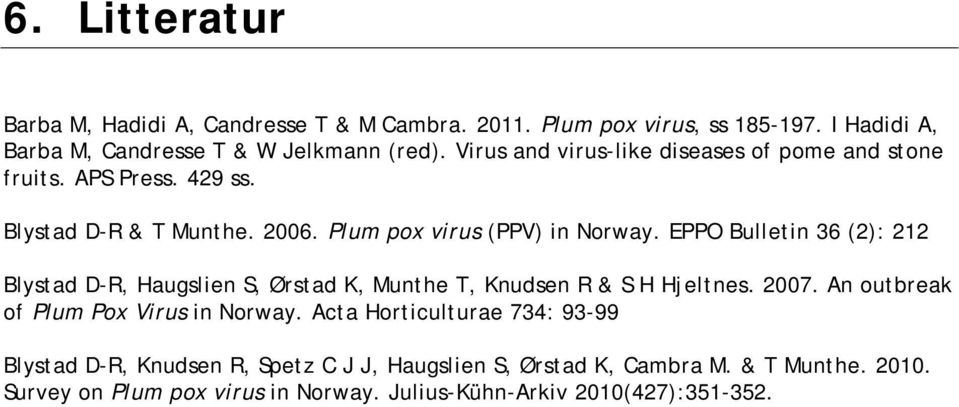 EPPO Bulletin 36 (2): 212 Blystad D-R, Haugslien S, Ørstad K, Munthe T, Knudsen R & S H Hjeltnes. 2007. An outbreak of Plum Pox Virus in Norway.