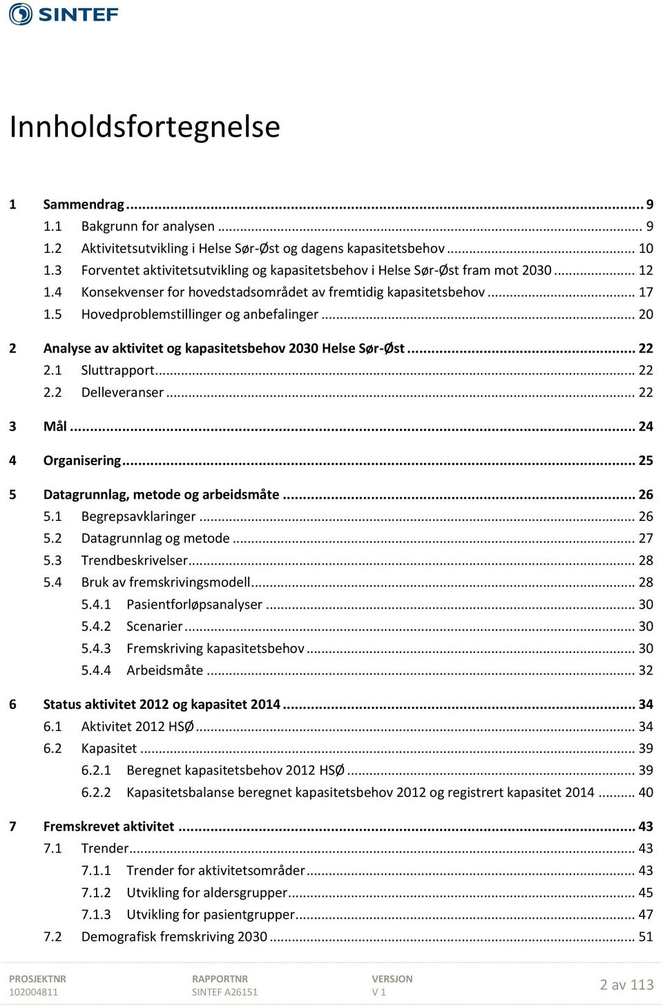 5 Hovedproblemstillinger og anbefalinger... 20 2 Analyse av aktivitet og kapasitetsbehov 2030 Helse Sør-Øst... 22 2.1 Sluttrapport... 22 2.2 Delleveranser... 22 3 Mål... 24 4 Organisering.