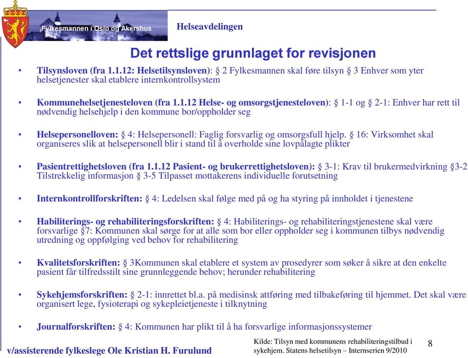 1-1 og 2-1: Enhver har rett til nødvendig helsehjelp i den kommune bor/oppholder seg Helsepersonelloven: 4: Helsepersonell: Faglig forsvarlig og omsorgsfull hjelp.