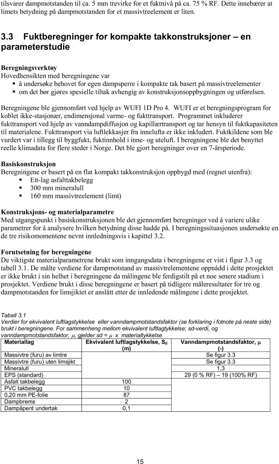 massivtreelementer om det bør gjøres spesielle tiltak avhengig av konstruksjonsoppbygningen og utførelsen. Beregningene ble gjennomført ved hjelp av WUFI 1D Pro 4.