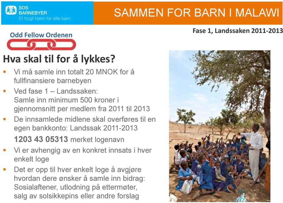 medlem fra 2011 til 2013 De innsamlede midlene skal overføres til en egen bankkonto: Landssak 2011-2013 1203 43 05313 merket logenavn