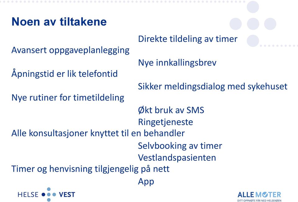 rutiner for timetildeling Økt bruk av SMS Ringetjeneste Alle konsultasjoner knyttet