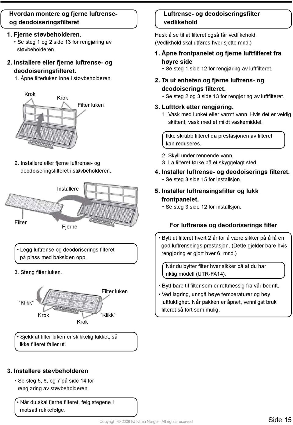 (Vedlikhold skal utføres hver sjette mnd.) 1. Åpne frontpanelet og fjerne luftfilteret fra høyre side Se steg 1 side 12 for rengjøring av luftfilteret. 2.