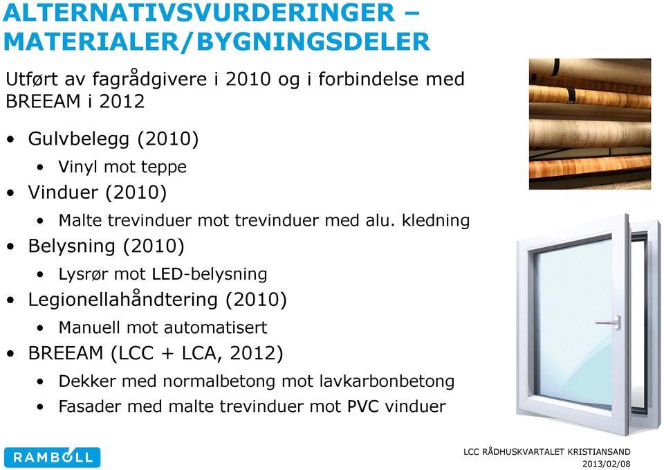 kledning Belysning (2010) Lysrør mot LED-belysning Legionellahåndtering (2010) Manuell mot automatisert