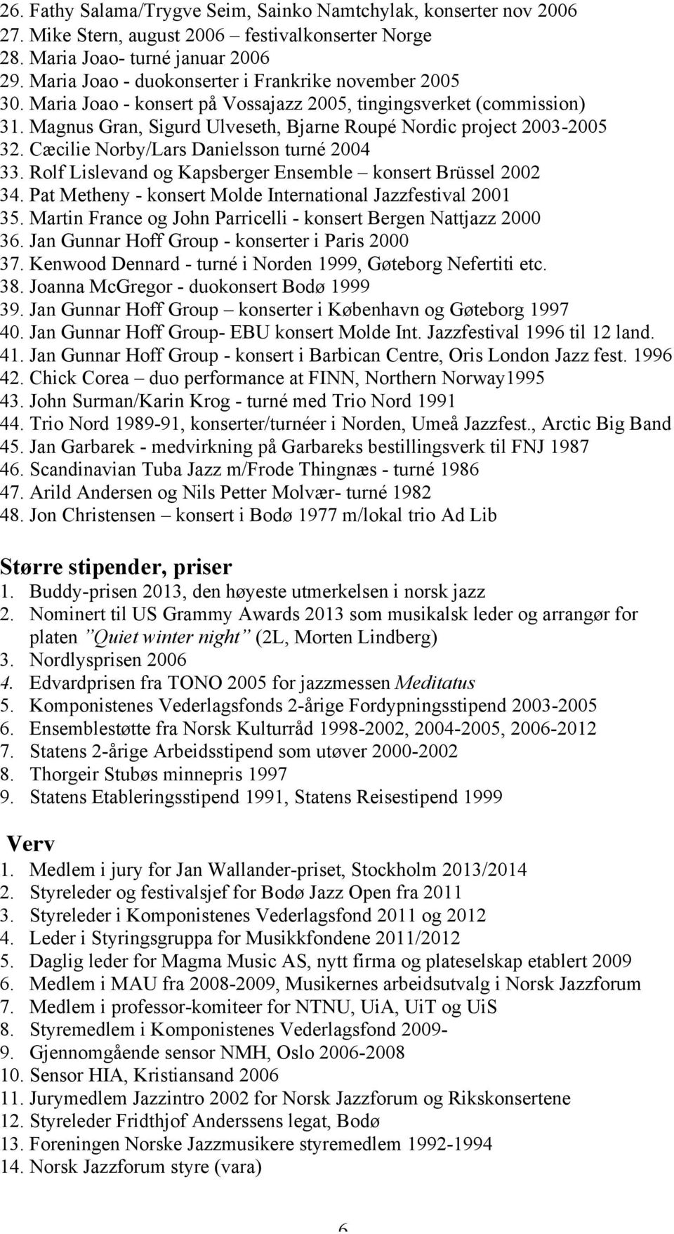 Cæcilie Norby/Lars Danielsson turné 2004 33. Rolf Lislevand og Kapsberger Ensemble konsert Brüssel 2002 34. Pat Metheny - konsert Molde International Jazzfestival 2001 35.