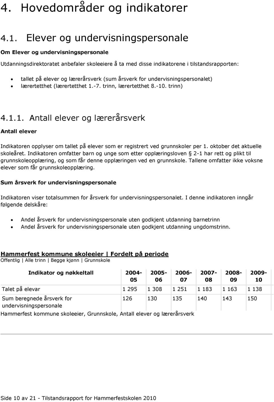 (sum årsverk for undervisningspersonalet) lærertetthet (lærertetthet 1.-7. trinn, lærertetthet 8.-10. trinn) 4.1.1. Antall elever og lærerårsverk Antall elever Indikatoren opplyser om tallet på elever som er registrert ved grunnskoler per 1.