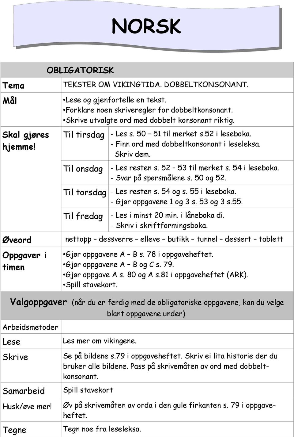 50 og 52. Til torsdag - Les resten s. 54 og s. 55 i leseboka. - Gjør oppgavene 1 og 3 s. 53 og 3 s.55. Til fredag - Les i minst 20 min. i låneboka di. - Skriv i skriftformingsboka.