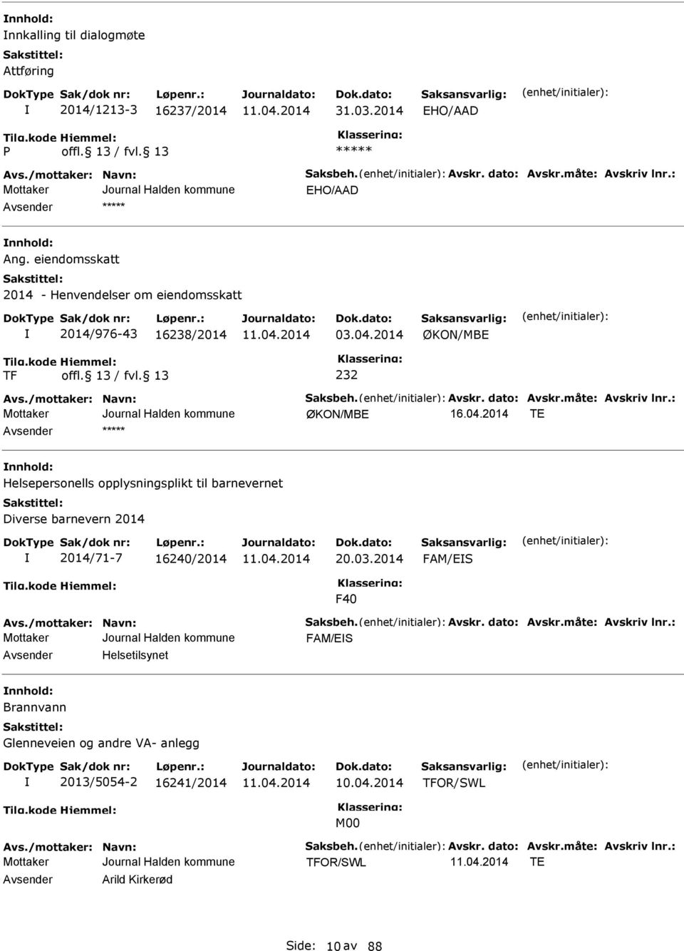 : ØKON/MB T nnhold: Helsepersonells opplysningsplikt til barnevernet Diverse barnevern 2014 2014/71-7 16240/2014 20.03.2014 FAM/S F40 Avs./mottaker: Navn: Saksbeh. Avskr. dato: Avskr.