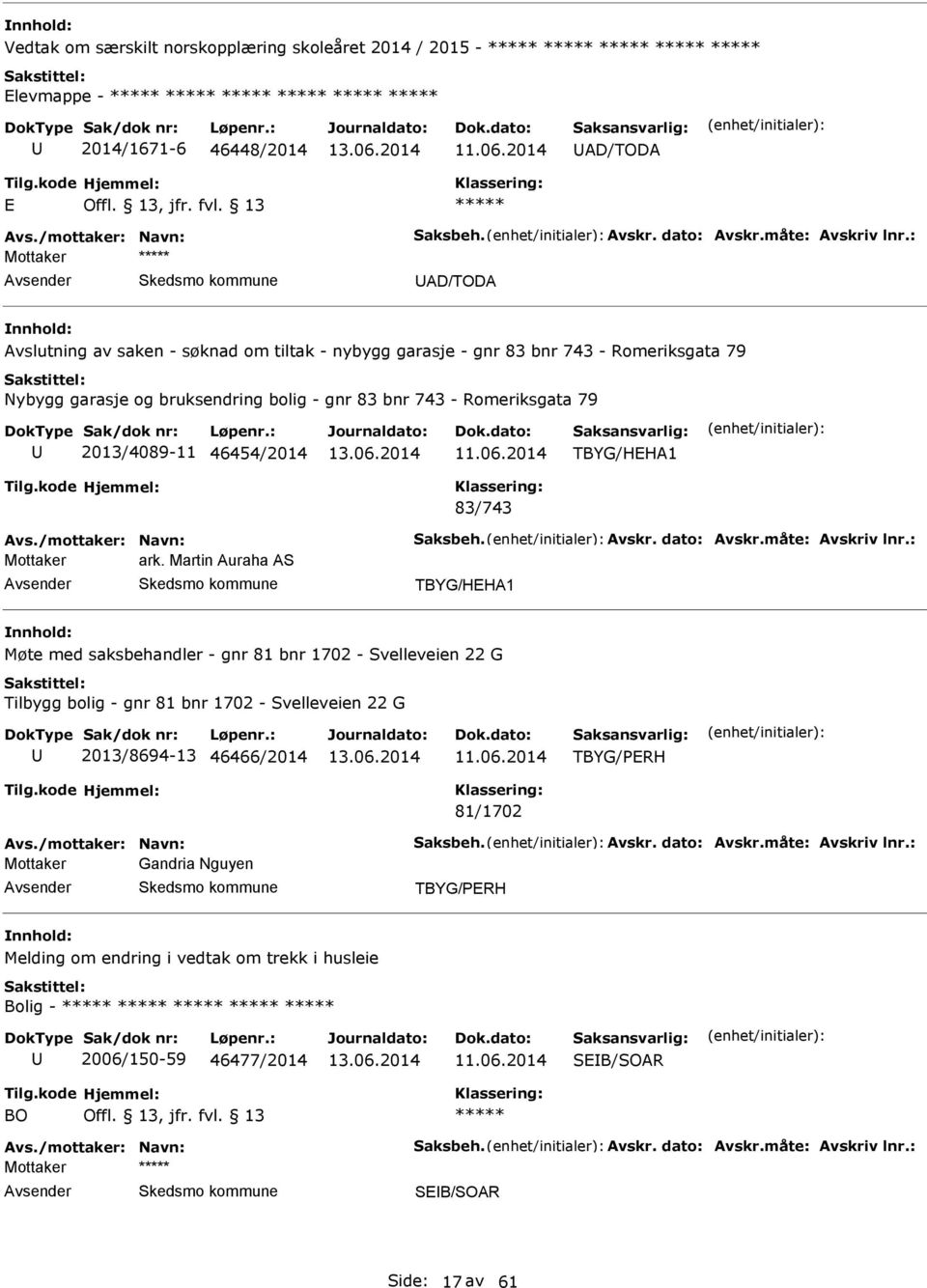 46454/2014 TBYG/HH1 83/743 vs./mottaker: Navn: Saksbeh. vskr. dato: vskr.måte: vskriv lnr.: Mottaker ark.