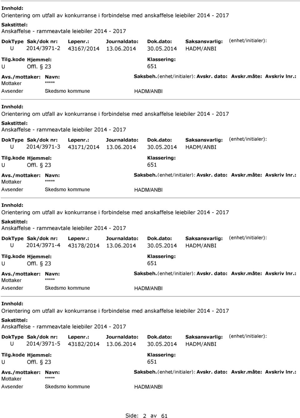 : Mottaker HDM/NB Orientering om utfall av konkurranse i forbindelse med anskaffelse leiebiler 2014-2017 nskaffelse - rammeavtale leiebiler 2014-2017 2014/3971-3 43171/2014 30.05.2014 HDM/NB Offl.