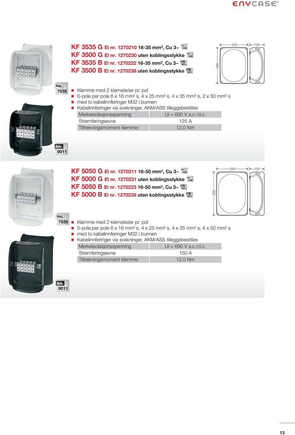 12,0 Nm KF 5050 G El nr. 1270211 16-50 mm², Cu 3~ KF 5000 G El nr. 1270231 uten koblingsstykke KF 5050 B El nr. 1270223 16-50 mm², Cu 3~ KF 5000 B El nr.