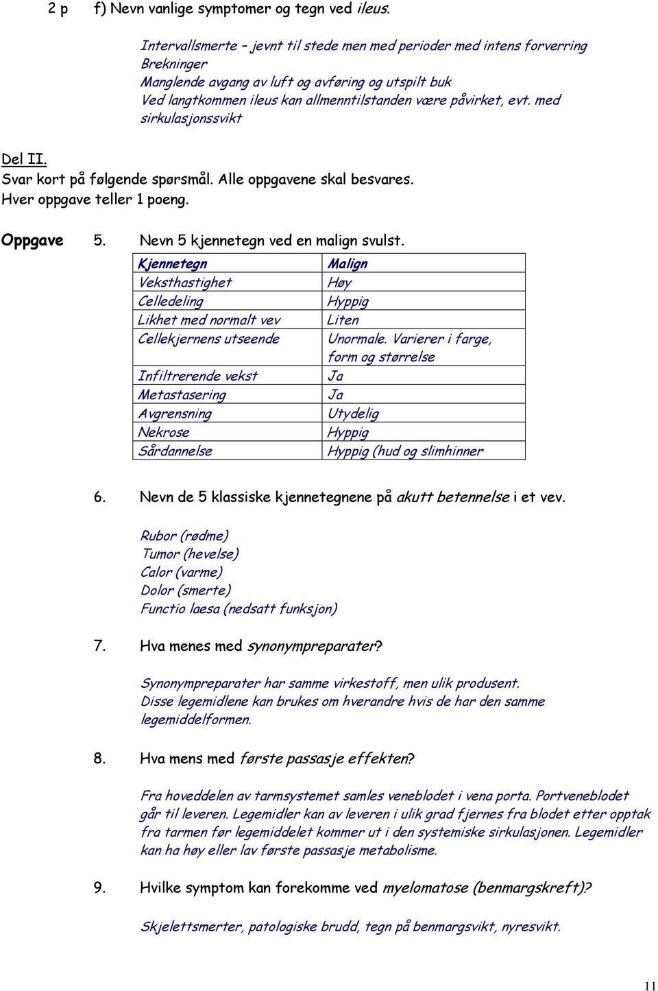 med sirkulasjonssvikt Del II. Svar kort på følgende spørsmål. Alle oppgavene skal besvares. Hver oppgave teller 1 poeng. Oppgave 5. Nevn 5 kjennetegn ved en malign svulst.