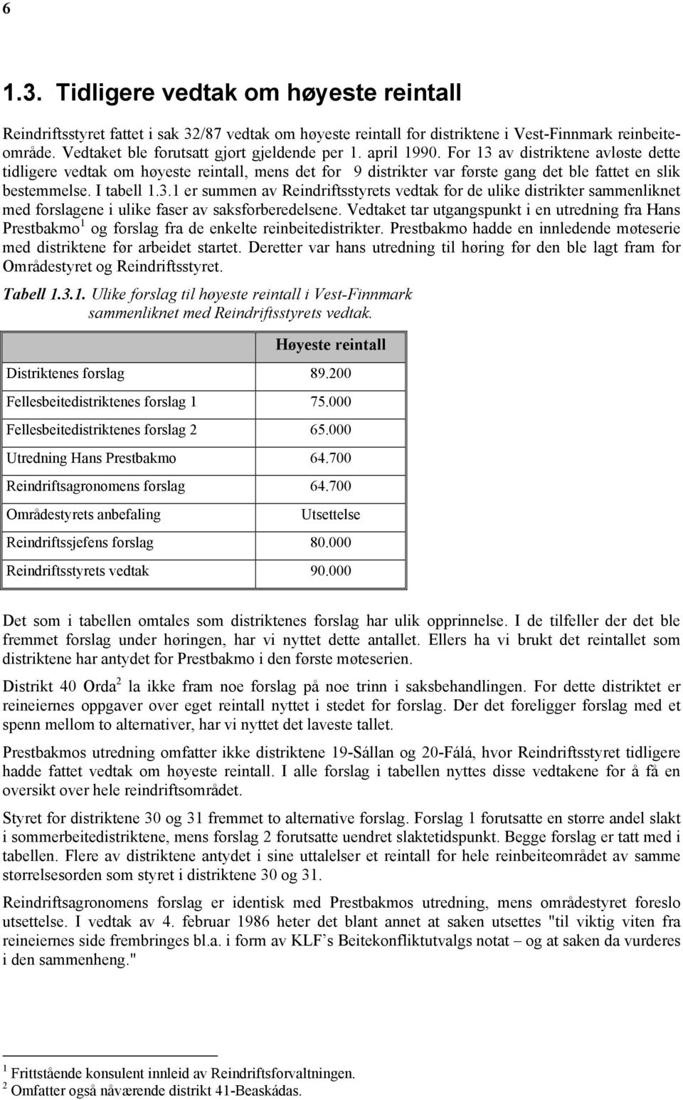 For 13 av distriktene avløste dette tidligere vedtak om høyeste reintall, mens det for 9 distrikter var første gang det ble fattet en slik bestemmelse. I tabell 1.3.1 er summen av Reindriftsstyrets vedtak for de ulike distrikter sammenliknet med forslagene i ulike faser av saksforberedelsene.