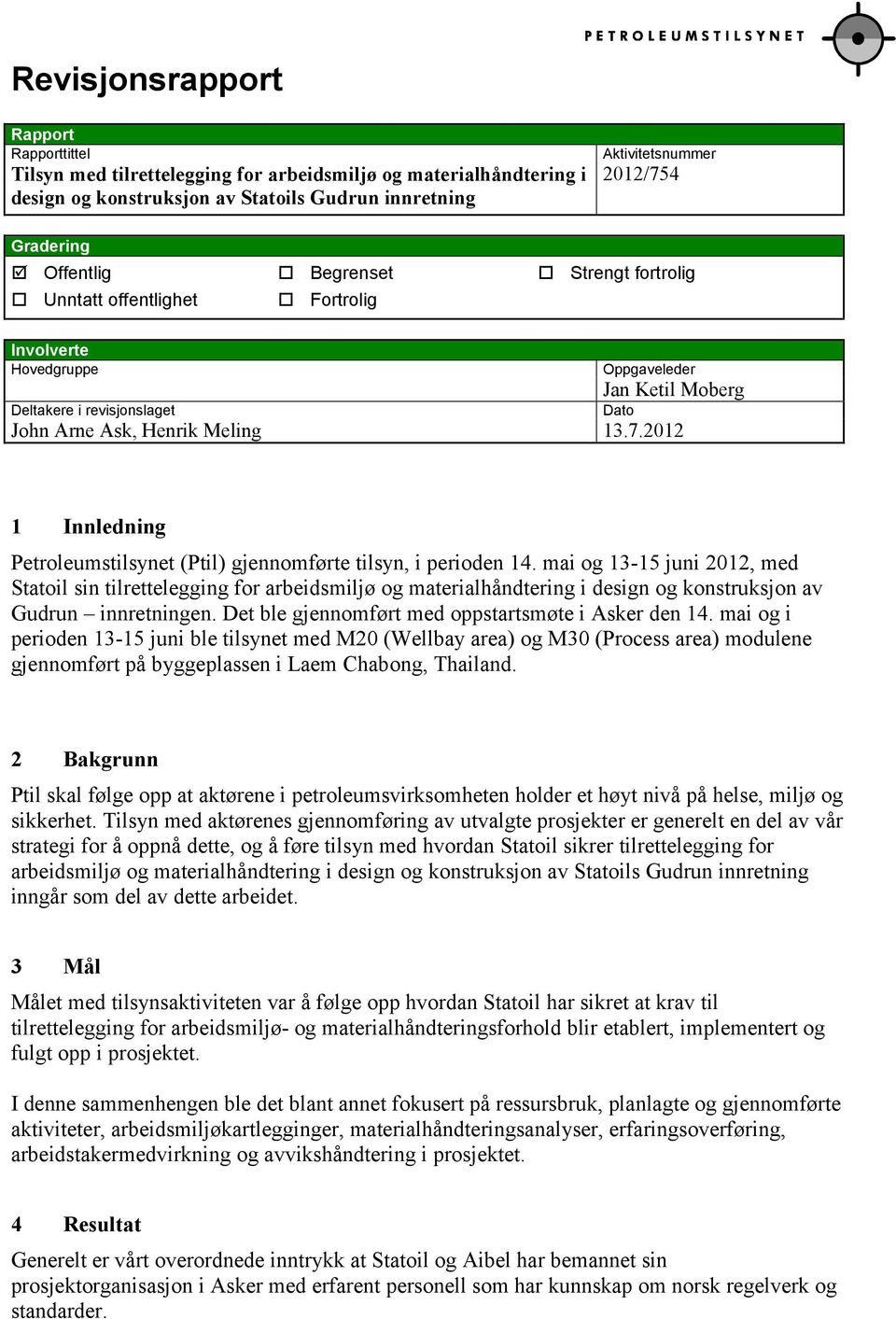 2012 Dato 1 Innledning Petroleumstilsynet (Ptil) gjennomførte tilsyn, i perioden 14.