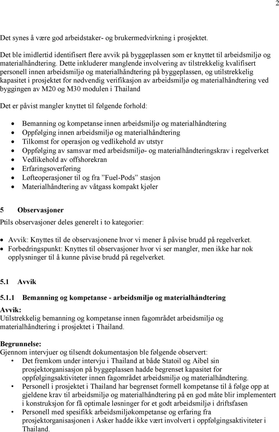 verifikasjon av arbeidsmiljø og materialhåndtering ved byggingen av M20 og M30 modulen i Thailand Det er påvist mangler knyttet til følgende forhold: Bemanning og kompetanse innen arbeidsmiljø og