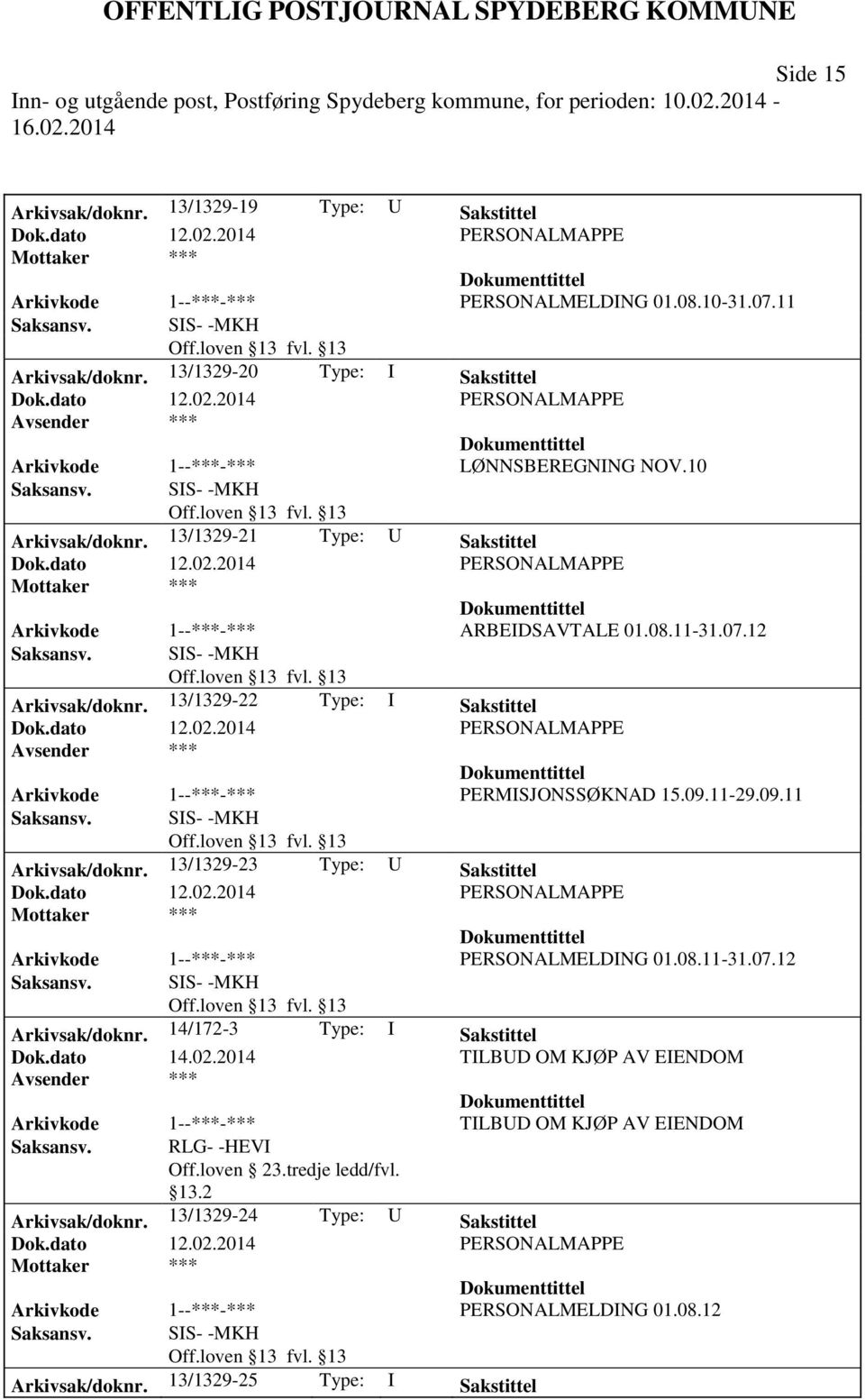 09.11 Arkivsak/doknr. 13/1329-23 Type: U Sakstittel Arkivkode 1--***-*** PERSONALMELDING 01.08.11-31.07.12 Arkivsak/doknr. 14/172-3 Type: I Sakstittel Dok.dato 14.02.