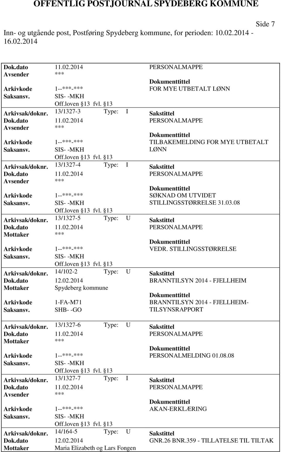 STILLINGSSTØRRELSE Arkivsak/doknr. 14/102-2 Type: U Sakstittel Dok.dato 12.02.2014 BRANNTILSYN 2014 - FJELLHEIM Mottaker Spydeberg kommune Arkivkode 1-FA-M71 BRANNTILSYN 2014 - FJELLHEIM- Saksansv.