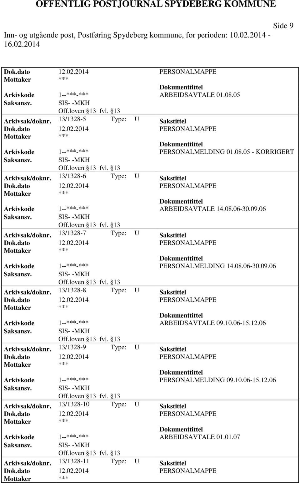 10.06-15.12.06 Arkivsak/doknr. 13/1328-9 Type: U Sakstittel Arkivkode 1--***-*** PERSONALMELDING 09.10.06-15.12.06 Arkivsak/doknr. 13/1328-10 Type: U Sakstittel Arkivkode 1--***-*** ARBEIDSAVTALE 01.