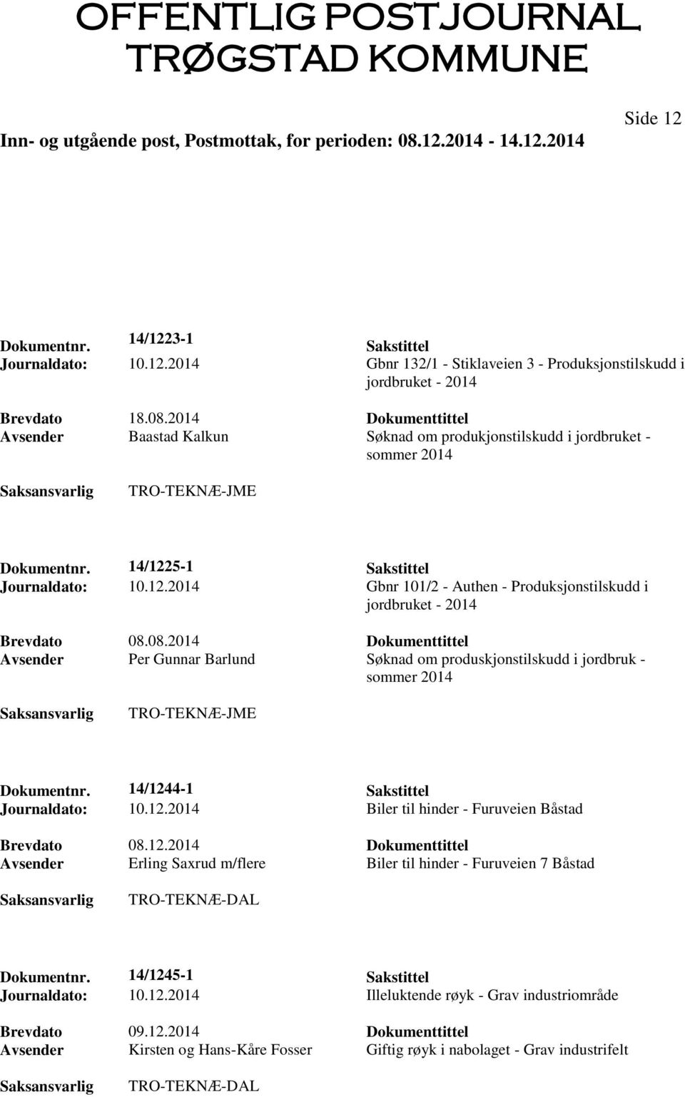 08.2014 Dokumenttittel Avsender Per Gunnar Barlund Søknad om produskjonstilskudd i jordbruk - Dokumentnr. 14/1244-1 Sakstittel Journaldato: 10.12.2014 Biler til hinder - Furuveien Båstad Brevdato 08.