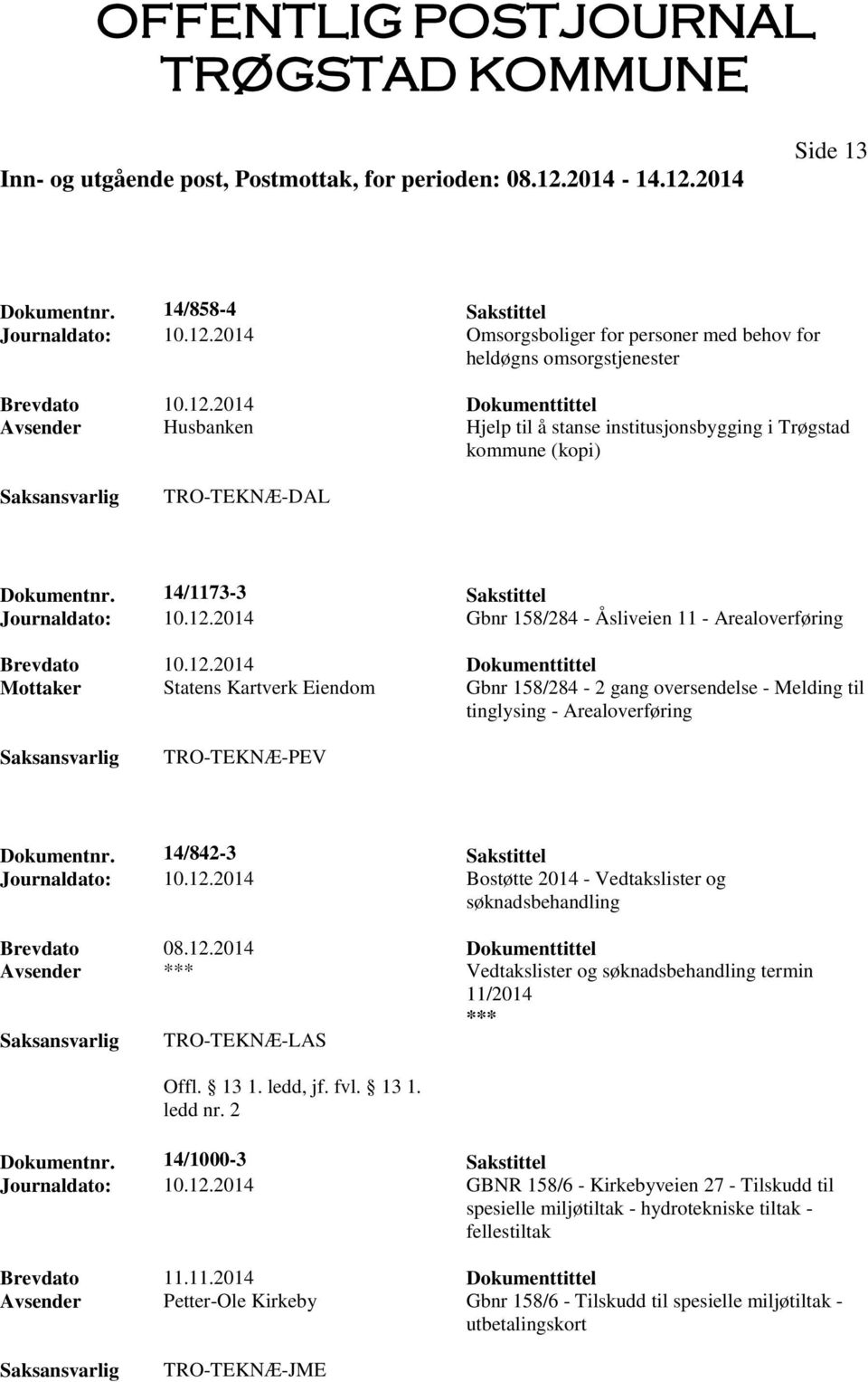 14/842-3 Sakstittel Journaldato: 10.12.2014 Bostøtte 2014 - Vedtakslister og søknadsbehandling Brevdato 08.12.2014 Dokumenttittel Avsender Vedtakslister og søknadsbehandling termin 11/2014 TRO-TEKNÆ-LAS ledd nr.