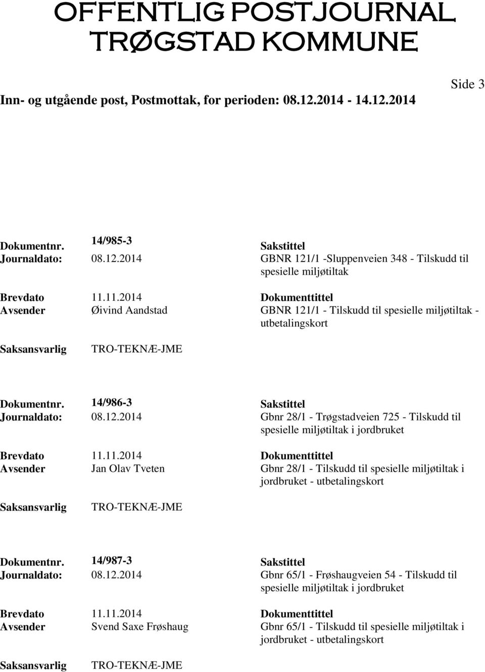 11.2014 Dokumenttittel Avsender Jan Olav Tveten Gbnr 28/1 - Tilskudd til spesielle miljøtiltak i jordbruket - utbetalingskort Dokumentnr. 14/987-3 Sakstittel Journaldato: 08.12.