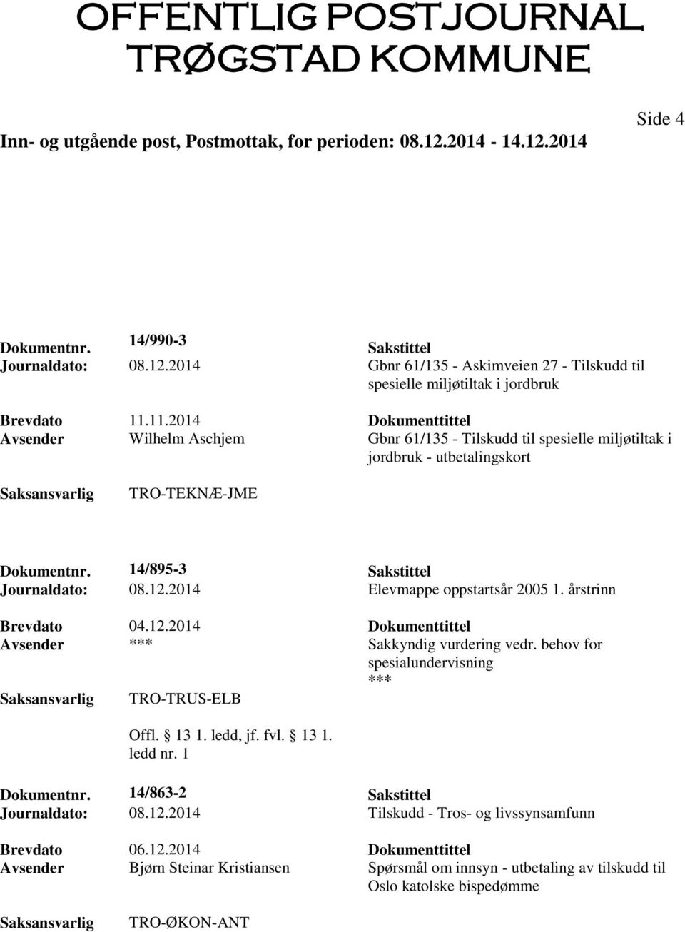 2014 Elevmappe oppstartsår 2005 1. årstrinn Brevdato 04.12.2014 Dokumenttittel Avsender Sakkyndig vurdering vedr. behov for spesialundervisning TRO-TRUS-ELB Dokumentnr.