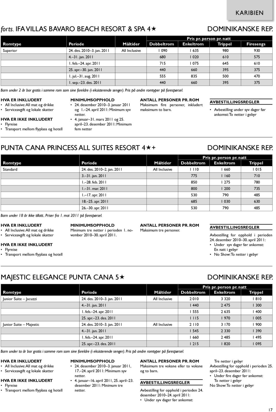 2011 440 660 395 375 Barn under 2 år bor gratis i samme rom som sine foreldre (i eksisterende senger). Pris på andre romtyper på forespørsel. All Inclusive: All mat og drikke 24. desember 2010 3.