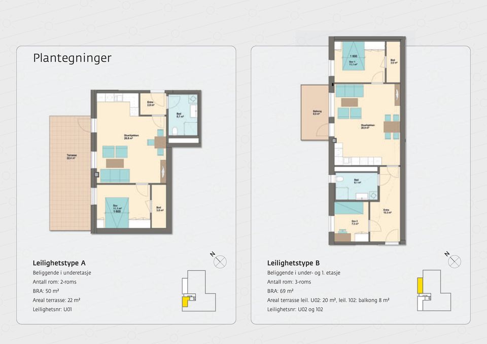 Leilighetstype B Beliggende i under- og 1.