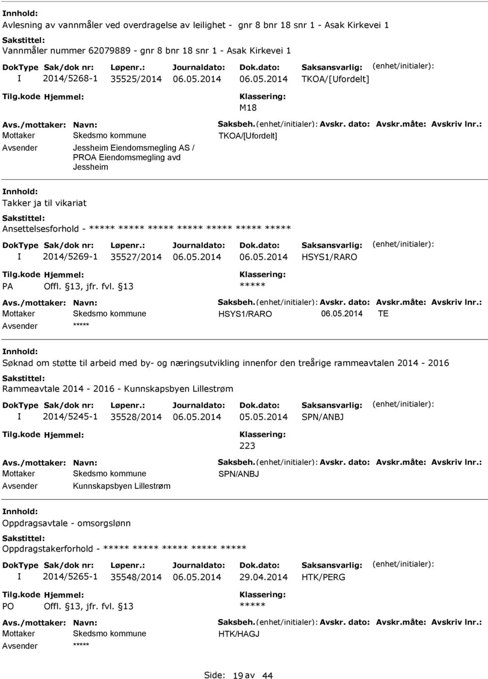 : TKO/[fordelt] vsender Jessheim Eiendomsmegling S / PRO Eiendomsmegling avd Jessheim nnhold: Takker ja til vikariat nsettelsesforhold - 2014/5269-1 35527/2014 HSYS1/RRO P Offl. 13, jfr. fvl. 13 vs.