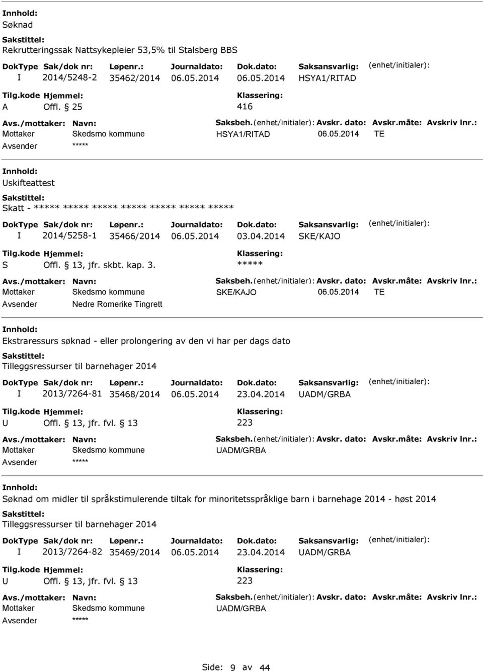 : SKE/KJO TE vsender Nedre Romerike Tingrett nnhold: Ekstraressurs søknad - eller prolongering av den vi har per dags dato 2013/7264-81 35468/2014 23.04.2014 vs./mottaker: Navn: Saksbeh. vskr.