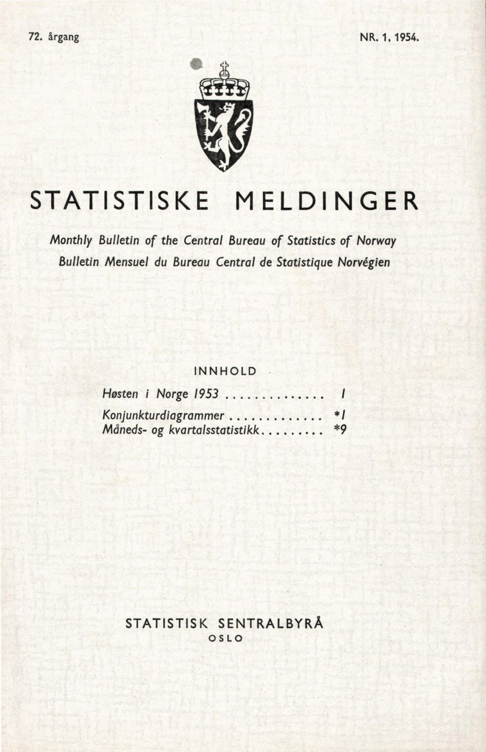 Statistique Norvégien Høsten i Norge 1953 INNHOLD