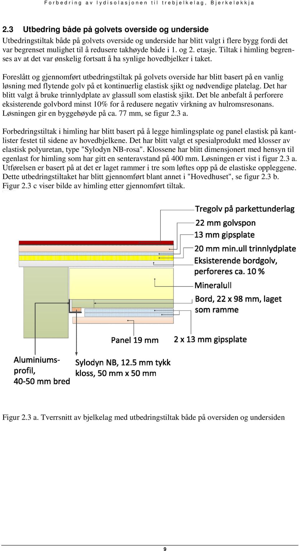 Foreslått og gjennomført utbedringstiltak på golvets overside har blitt basert på en vanlig løsning med flytende golv på et kontinuerlig elastisk sjikt og nødvendige platelag.