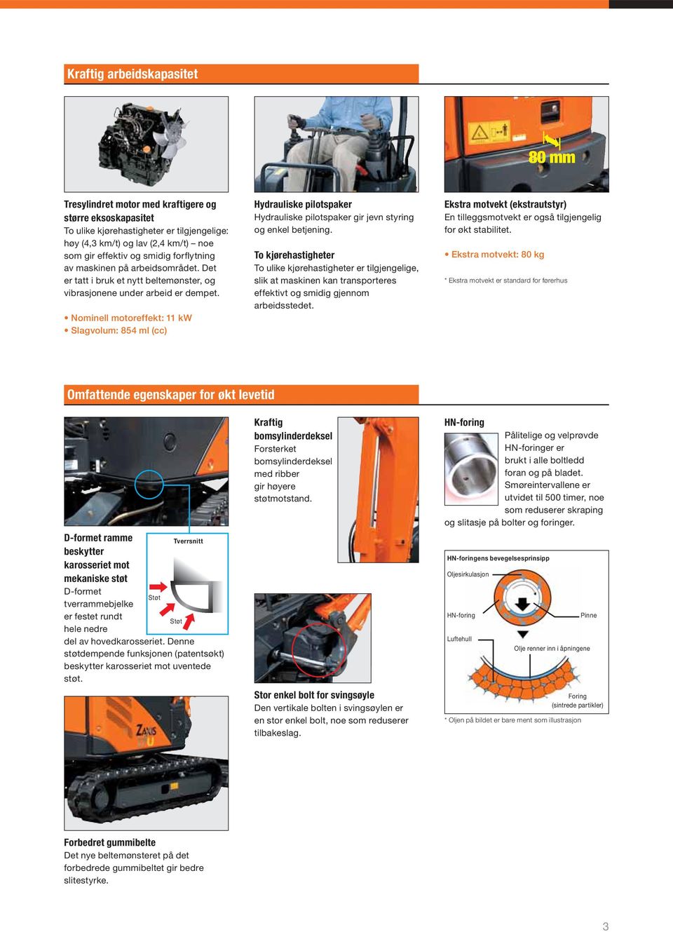 Nominell motoreffekt: 11 kw Slagvolum: 854 ml (cc) Hydrauliske pilotspaker Hydrauliske pilotspaker gir jevn styring og enkel betjening.