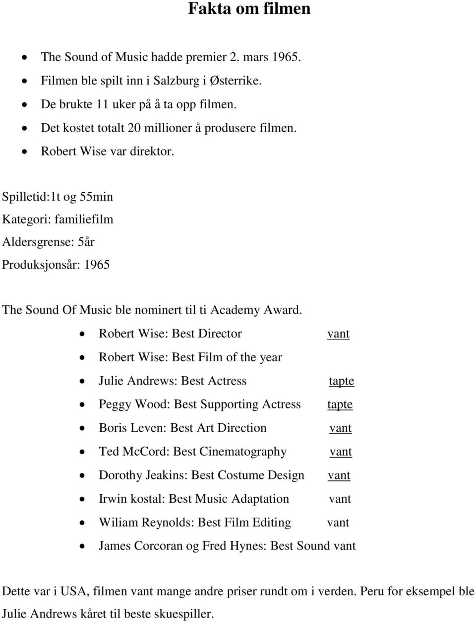 Robert Wise: Best Director vant Robert Wise: Best Film of the year Julie Andrews: Best Actress tapte Peggy Wood: Best Supporting Actress tapte Boris Leven: Best Art Direction vant Ted McCord: Best