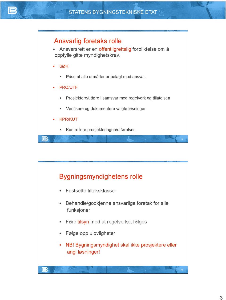 PRO/UTF Prosjektere/utføre i samsvar med regelverk og tillatelsen Verifisere og dokumentere valgte løsninger KPR/KUT Kontrollere