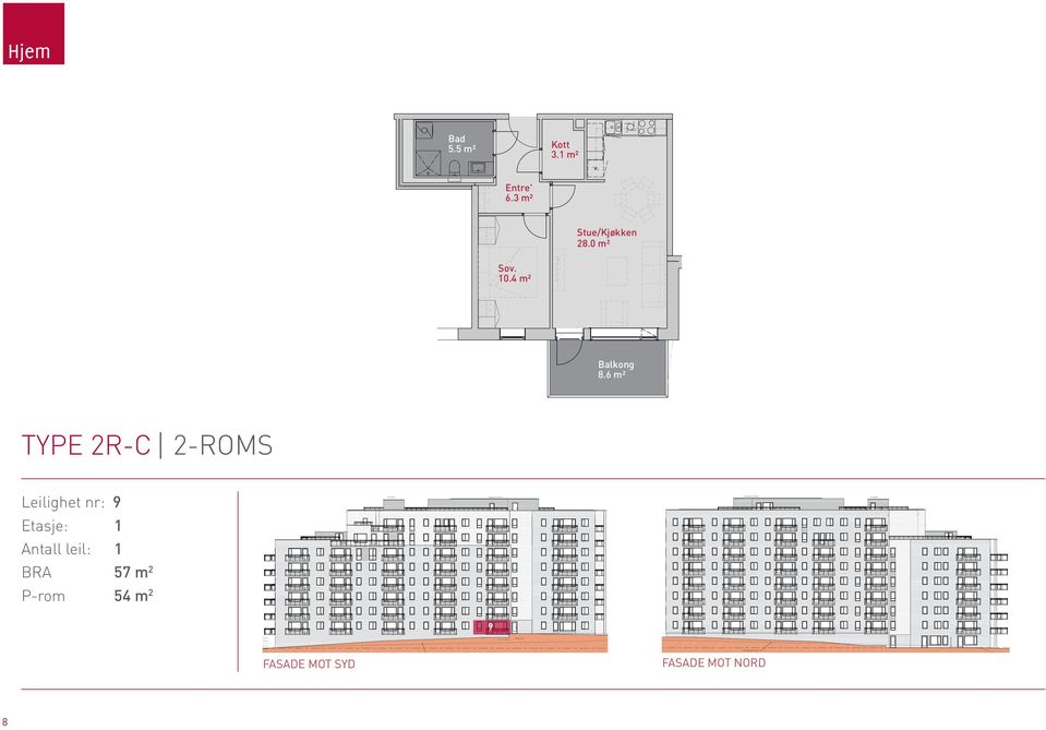 m² TYPE 2R-C 2-ROMS Leilighet nr: 9 Etasje: 1 Antall leil: 1 BRA 57 m 2 FORELØPIG 8 P-rom 54 m 2 C:\Project\E2423 Lillohøyden\BIM\Hus\E2423 Lillohoyden Hus.rvt 04.07.2013 09:33:01 Lillohøyden.