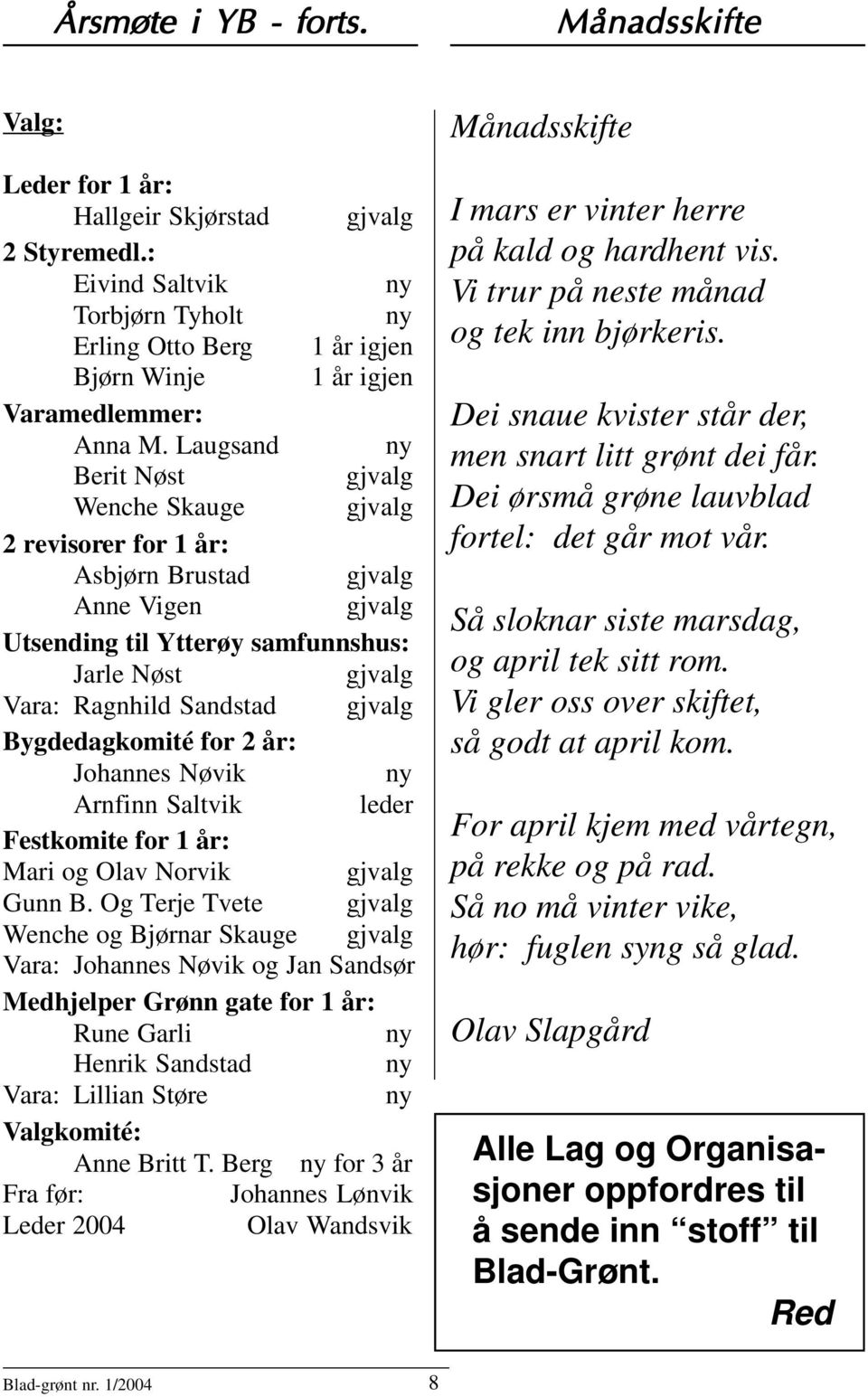 Laugsand ny Berit Nøst gjvalg Wenche Skauge gjvalg 2 revisorer for 1 år: Asbjørn Brustad gjvalg Anne Vigen gjvalg Utsending til Ytterøy samfunnshus: Jarle Nøst gjvalg Vara: Ragnhild Sandstad gjvalg