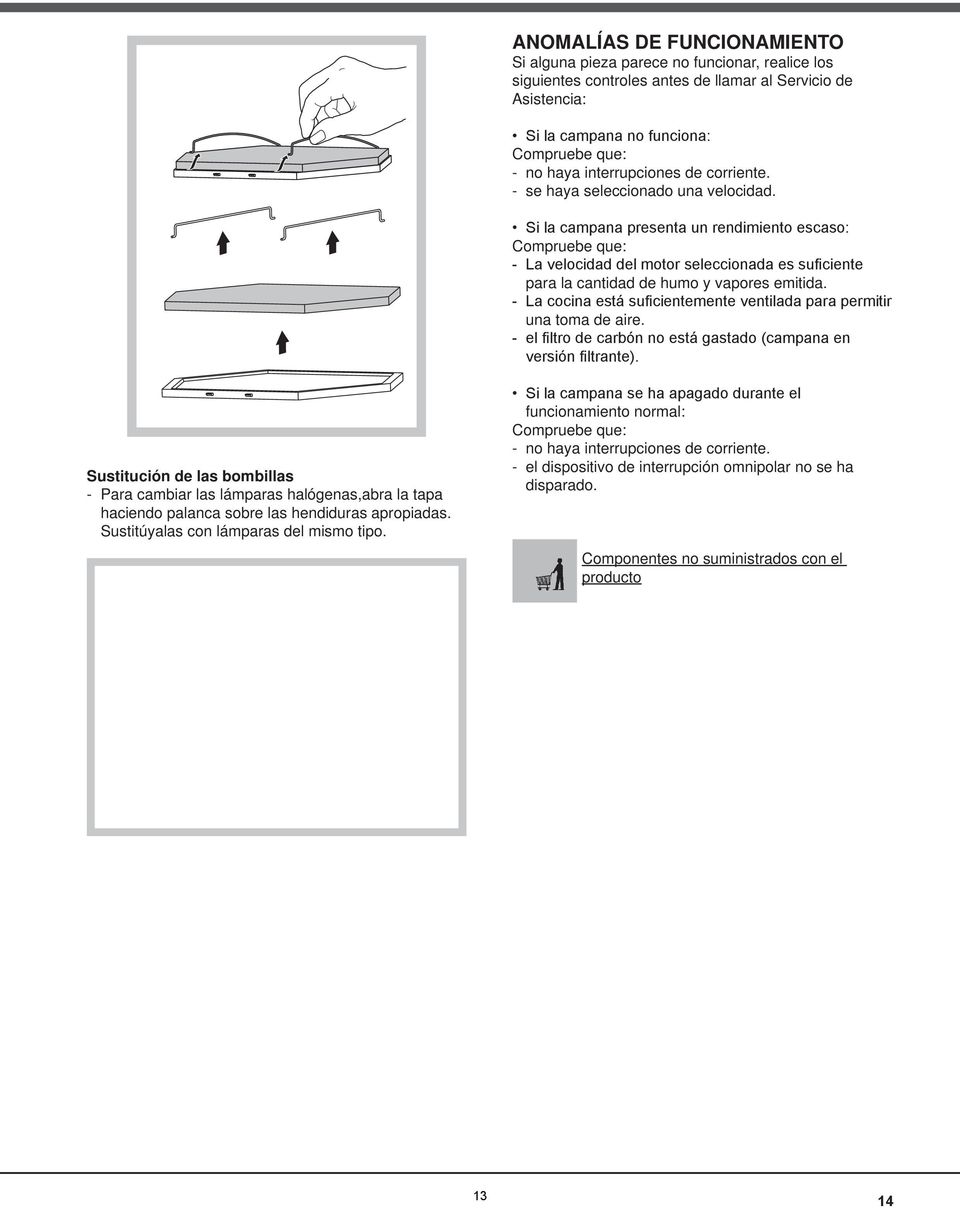 Si la campana presenta un rendimiento escaso: Compruebe que: - La velocidad del motor seleccionada es suficiente para la cantidad de humo y vapores emitida.