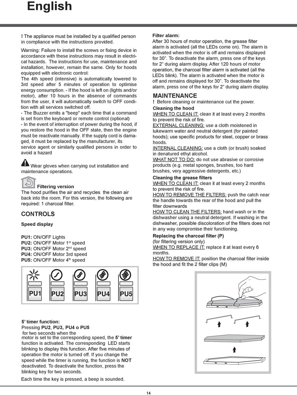 Only for hoods equipped with electronic control: The 4th speed (intensive) is automatically lowered to 3rd speed after 5 minutes of operation to optimise energy consumption.