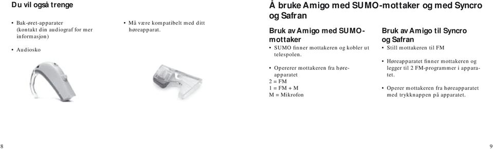 Opererer mottakeren fra høreapparatet 2 = FM 1 = FM + M M = Mikrofon Bruk av Amigo til Syncro og Safran Still mottakeren til FM