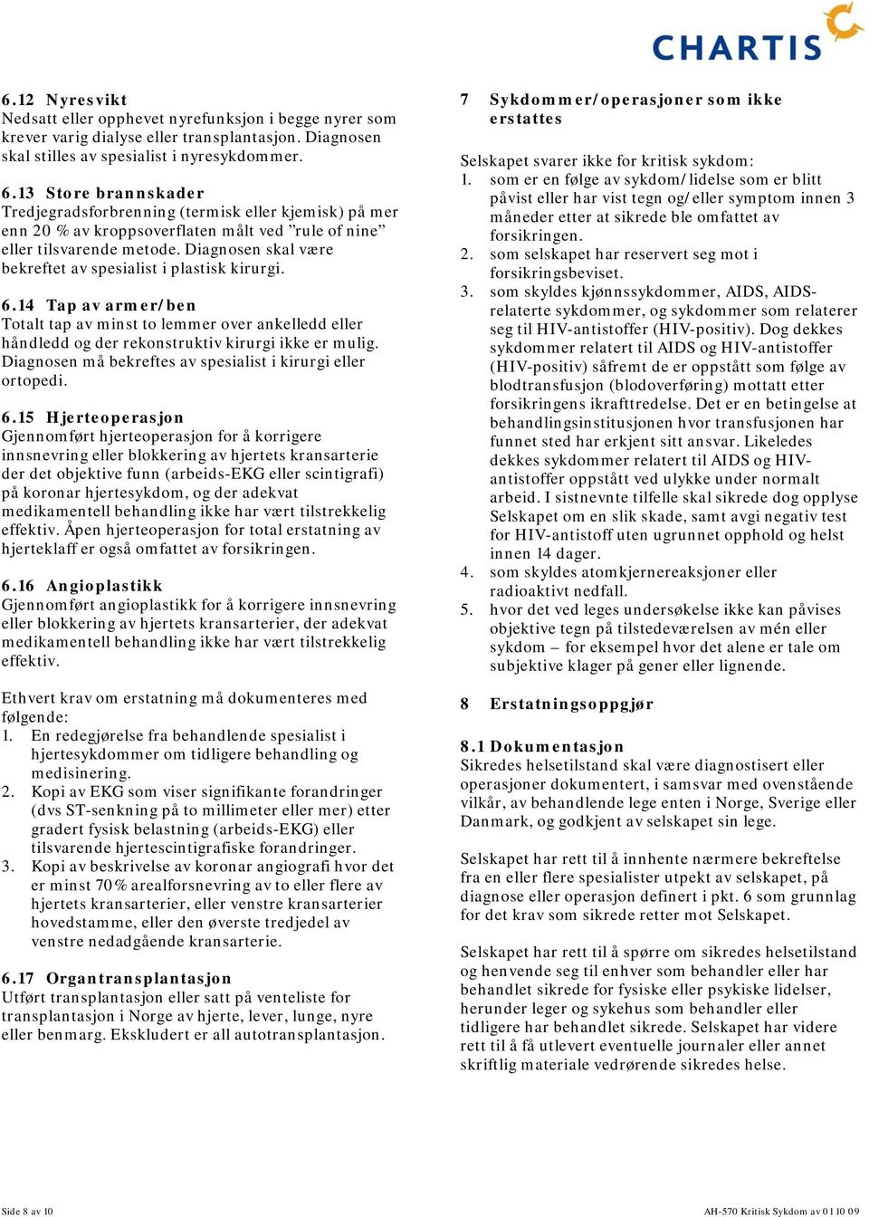 Diagnosen skal være bekreftet av spesialist i plastisk kirurgi. 6.14 Tap av armer/ben Totalt tap av minst to lemmer over ankelledd eller håndledd og der rekonstruktiv kirurgi ikke er mulig.