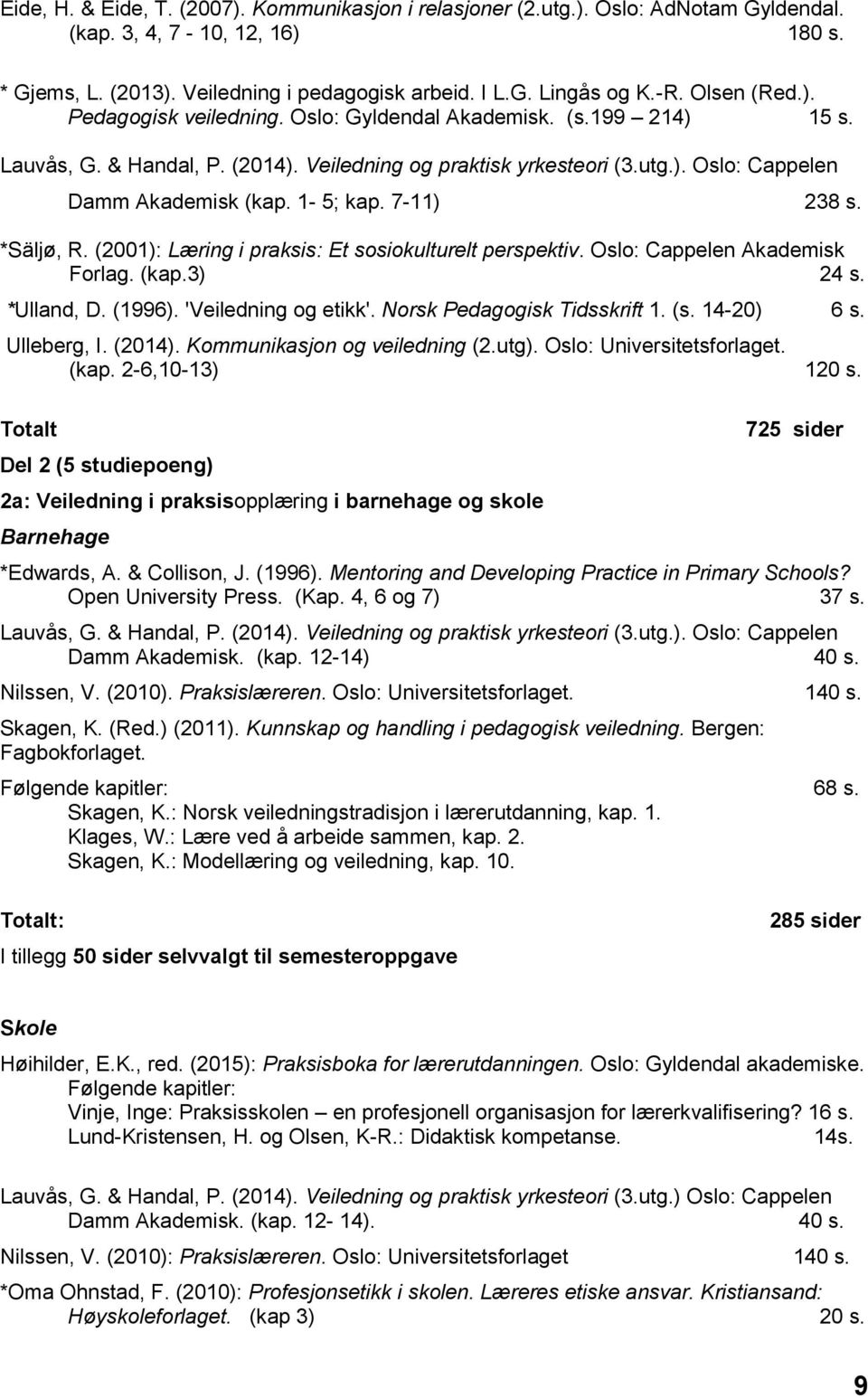 1-5; kap. 7-11) 238 s. *Säljø, R. (2001): Læring i praksis: Et sosiokulturelt perspektiv. Oslo: Cappelen Akademisk Forlag. (kap.3) 24 s. *Ulland, D. (1996). 'Veiledning og etikk'.