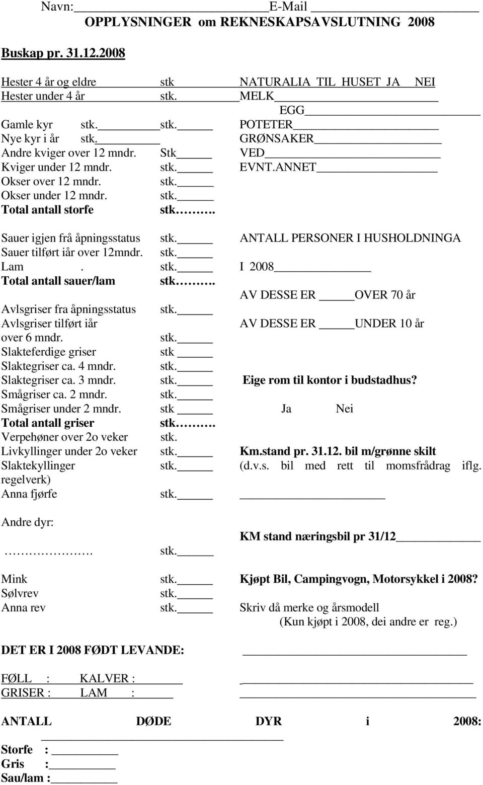 ANTALL PERSONER I HUSHOLDNINGA Sauer tilført iår over 12mndr. stk. Lam. stk. I 2008 Total antall sauer/lam stk. AV DESSE ER OVER 70 år Avlsgriser fra åpningsstatus stk.